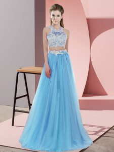Baby Blue Two Pieces Tulle Halter Top Sleeveless Lace Floor Length Zipper Quinceanera Court of Honor Dress