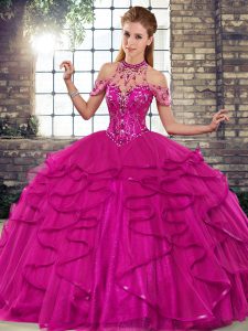 Decent Floor Length Fuchsia Quinceanera Gowns Tulle Sleeveless Beading and Ruffles