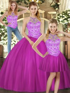 Inexpensive Fuchsia Sleeveless Tulle Lace Up Quinceanera Gowns for Sweet 16 and Quinceanera