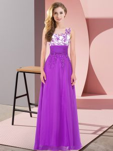 Luxury Purple Empire Chiffon Scoop Sleeveless Appliques Floor Length Backless Quinceanera Court Dresses