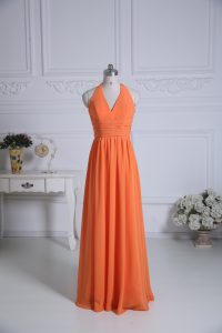Chiffon Halter Top Sleeveless Zipper Ruching Quinceanera Dama Dress in Orange