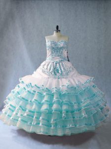 Amazing Blue And White Quinceanera Dresses Sweet 16 and Quinceanera with Embroidery and Ruffled Layers Sweetheart Sleeveless Lace Up