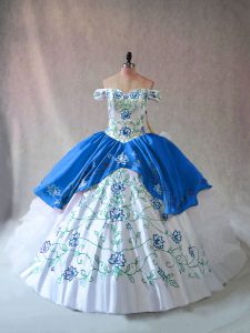 Blue And White Quince Ball Gowns Sweet 16 and Quinceanera with Embroidery and Ruffles Off The Shoulder Sleeveless Lace Up