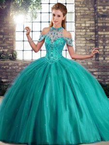 Turquoise Ball Gowns Beading Quinceanera Gowns Lace Up Tulle Sleeveless