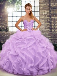 Luxury Beading and Ruffles Ball Gown Prom Dress Lavender Lace Up Sleeveless Floor Length