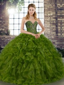 New Arrival Olive Green Ball Gowns Sweetheart Sleeveless Organza Floor Length Lace Up Beading and Ruffles Ball Gown Prom Dress