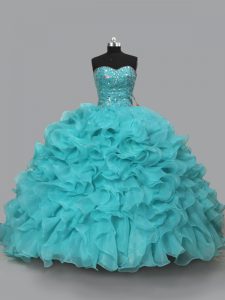 Fine Aqua Blue Quinceanera Dress Sweet 16 and Quinceanera with Beading and Ruffles Sweetheart Sleeveless Lace Up