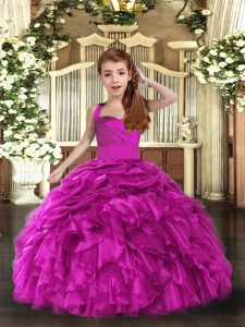 Luxurious Fuchsia Ball Gowns Straps Sleeveless Organza Floor Length Lace Up Ruffles Girls Pageant Dresses