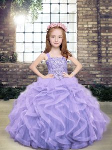 Floor Length Ball Gowns Sleeveless Lavender Little Girls Pageant Gowns Lace Up