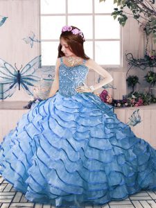 Blue Ball Gowns Straps Sleeveless Organza Floor Length Court Train Lace Up Beading and Ruffled Layers Pageant Gowns For Girls