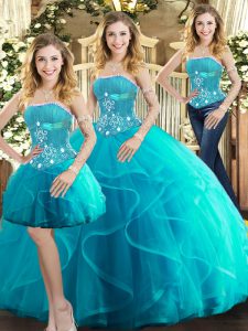 Aqua Blue Lace Up Quinceanera Gowns Beading and Ruffles Sleeveless Floor Length
