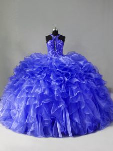 Vintage Blue Zipper Halter Top Beading and Ruffles Ball Gown Prom Dress Organza Sleeveless Brush Train