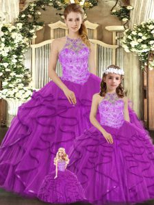 Admirable Purple Sweet 16 Dresses Sweet 16 and Quinceanera with Beading and Ruffles Halter Top Sleeveless Lace Up