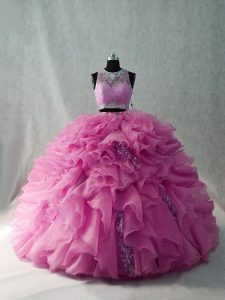 Beading and Ruffles Quinceanera Dress with Pink Brush Train