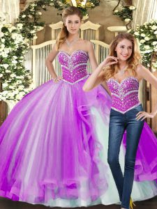 Low Price Lilac Ball Gowns Tulle Sweetheart Sleeveless Beading Floor Length Lace Up Quinceanera Gown