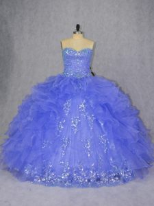 Colorful Purple Lace Up Sweetheart Appliques and Ruffles Ball Gown Prom Dress Organza Sleeveless