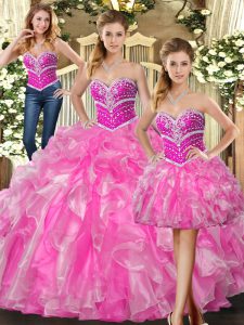 Dynamic Rose Pink Organza Lace Up Sweetheart Sleeveless Floor Length Quinceanera Dress Beading and Ruffles