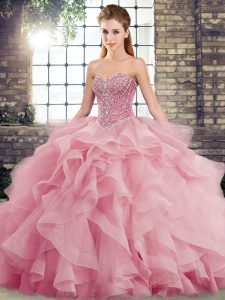 Sexy Pink Sleeveless Beading and Ruffles Lace Up Ball Gown Prom Dress