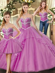 Enchanting Lilac Lace Up Sweetheart Beading Vestidos de Quinceanera Tulle Sleeveless