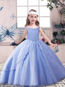 Tulle Off The Shoulder Sleeveless Lace Up Beading Pageant Dress for Womens in Blue