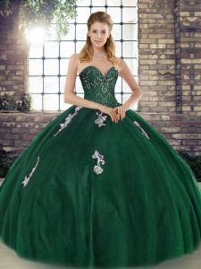 Graceful Green Ball Gowns Tulle Sweetheart Sleeveless Beading and Appliques Floor Length Lace Up 15 Quinceanera Dress