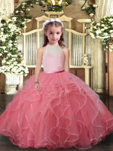 Watermelon Red Little Girl Pageant Gowns Party and Sweet 16 and Wedding Party with Ruffles High-neck Sleeveless Backless