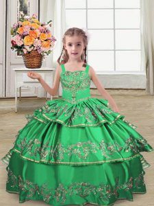 Graceful Sleeveless Lace Up Floor Length Embroidery and Ruffled Layers Custom Made Pageant Dress