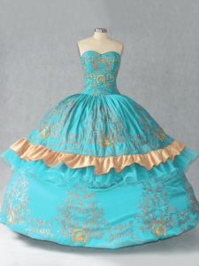 Superior Sweetheart Sleeveless Quince Ball Gowns Floor Length Embroidery and Bowknot Aqua Blue Satin and Organza