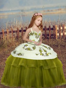 Olive Green Sleeveless Floor Length Embroidery Lace Up Little Girl Pageant Dress