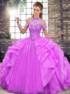 Glittering Sleeveless Organza Floor Length Lace Up Quince Ball Gowns in Lilac with Beading and Ruffles