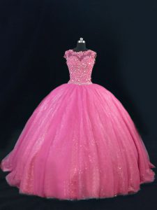 Traditional Sleeveless Floor Length Beading and Lace and Sequins Lace Up Quinceanera Gown with Hot Pink