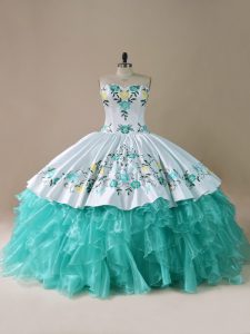 Best Selling Floor Length Blue And White 15 Quinceanera Dress Organza Sleeveless Embroidery and Ruffles