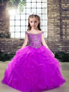 Amazing Floor Length Ball Gowns Sleeveless Purple Little Girl Pageant Gowns Lace Up