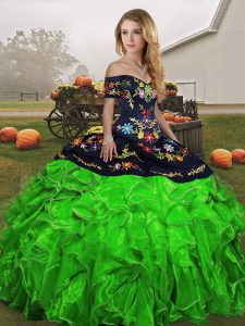 Extravagant Sleeveless Floor Length Embroidery and Ruffles Lace Up Quince Ball Gowns with Green
