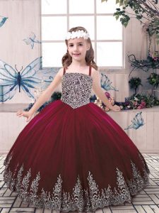 Simple Burgundy Sleeveless Tulle Lace Up Kids Pageant Dress for Party and Wedding Party