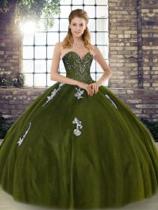 Custom Fit Olive Green Sweetheart Lace Up Beading and Appliques Ball Gown Prom Dress Sleeveless