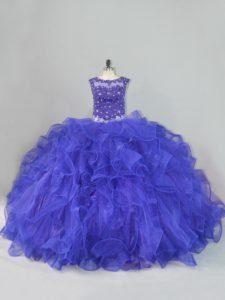 High Quality Beading and Ruffles Quince Ball Gowns Blue Lace Up Sleeveless Floor Length