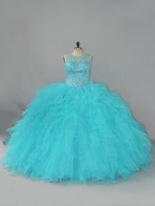 Cheap Aqua Blue Ball Gowns Beading and Ruffles Sweet 16 Dresses Lace Up Tulle Sleeveless Floor Length
