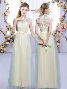 Champagne Cap Sleeves Floor Length Lace and Bowknot Zipper Quinceanera Court of Honor Dress