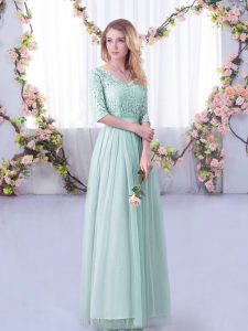 Light Blue Court Dresses for Sweet 16 Wedding Party with Lace and Belt V-neck Half Sleeves Side Zipper
