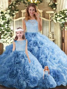 Baby Blue Sleeveless Lace Floor Length Quinceanera Gowns