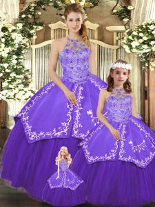 Purple Sweet 16 Dresses Military Ball and Sweet 16 and Quinceanera with Beading and Embroidery Halter Top Sleeveless Lace Up