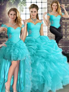 Off The Shoulder Sleeveless Organza Quinceanera Dresses Beading and Ruffles and Pick Ups Lace Up