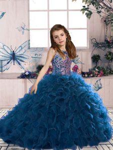 Best Navy Blue Sleeveless Floor Length Beading and Ruffles Lace Up Pageant Dresses