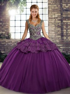 Purple Ball Gowns Tulle Straps Sleeveless Beading and Appliques Floor Length Lace Up 15th Birthday Dress