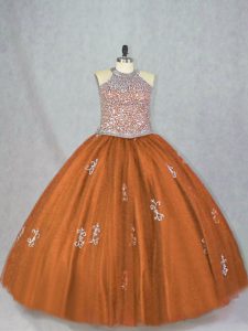 Shining Ball Gowns Party Dress for Girls Brown Halter Top Tulle Sleeveless Floor Length Lace Up