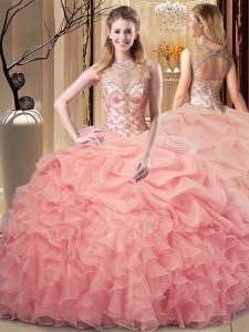 Customized Organza Scoop Sleeveless Lace Up Beading and Ruffles and Pick Ups 15 Quinceanera Dress in Peach