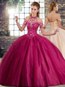 On Sale Ball Gowns Sleeveless Fuchsia Quince Ball Gowns Brush Train Lace Up