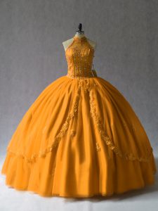 Unique Halter Top Lace Up Sweet 16 Dress Orange Tulle