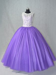 Lavender Ball Gowns Tulle Scoop Sleeveless Lace Floor Length Lace Up Custom Made